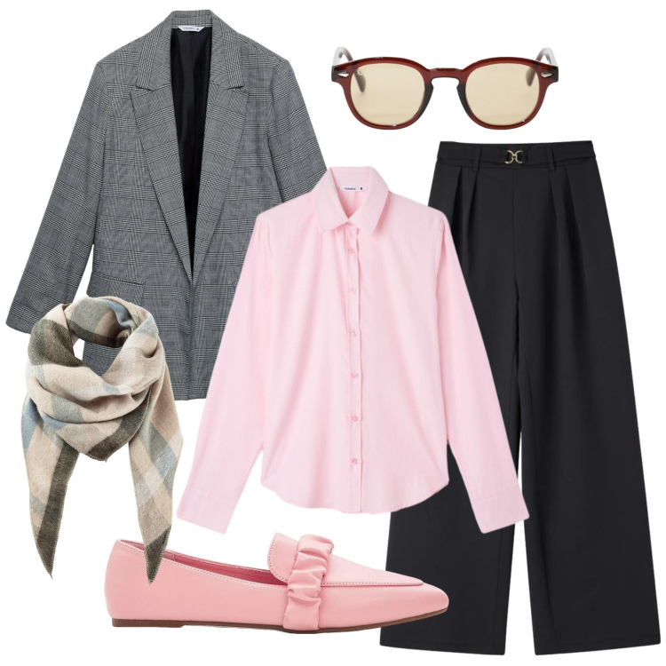Outfit donna - La giacca principe di Galles. Stile Mannish per Ufficio. Abbinamento con mocassini, sciarpe, occhiali da sole, pantaloni, blazer, camicie.