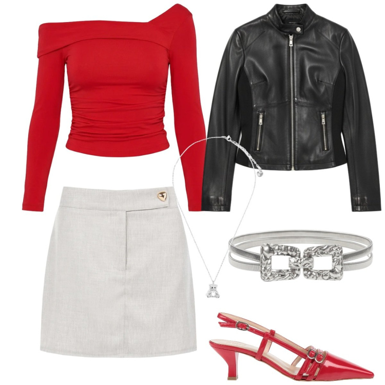 Outfit donna - Total look #2383709. Stile Glamour per Serata fuori. Abbinamento con décolleté, minigonne, giacche, t-shirt, cinture, ciondoli.