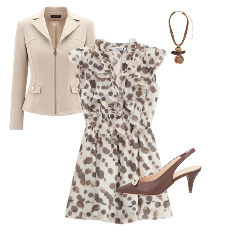 Outfit donna - Armocromia autunno soft. Stile Casual chic per Tutti i giorni. Abbinamento con décolleté, ciondoli, vestiti lunghi, blazer.