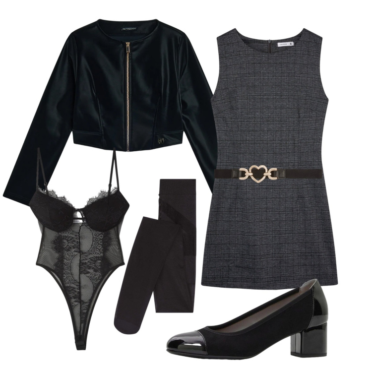 Outfit donna - Ufficio e aperitivo. Stile Preppy per Ufficio. Abbinamento con collant, décolleté, cinture, vestiti senza maniche, body, blazer.