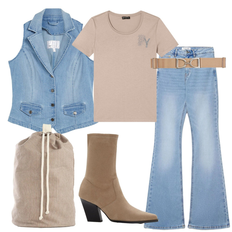 Outfit donna - Cow-girl. Stile 70s per Tutti i giorni. Abbinamento con stivaletti, gilet, zaini, cinture, jeans a zampa, t-shirt.