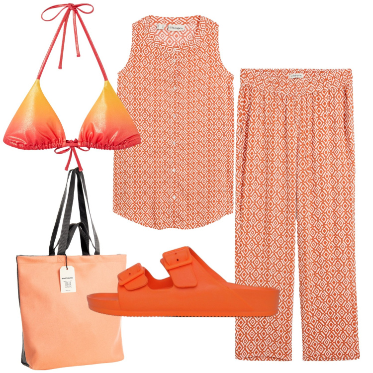 Outfit donna - Total Orange. Stile Casual per Mare. Abbinamento con pantaloni, bluse, bikini, ciabatte, borse tote.