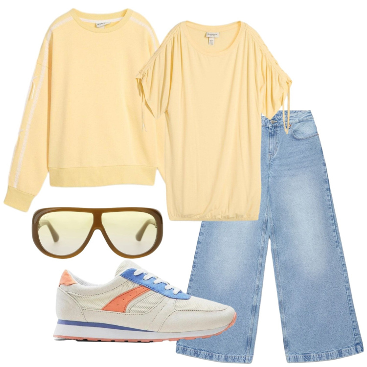 Outfit donna - Total look #2383719. Stile Casual per Scuola/Università. Abbinamento con maglieria, felpe, sneakers, jeans, occhiali da sole.