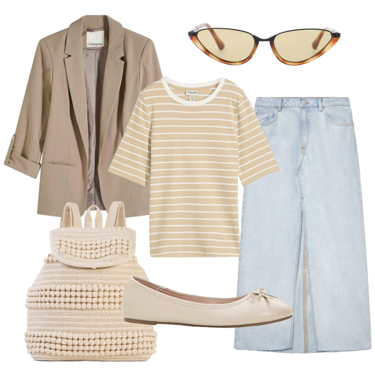 Outfit donna - Total look #2383721. Stile Casual chic per Ufficio. Abbinamento con blazer, ballerine, t-shirt, zaini, gonne lunghe, occhiali da sole.