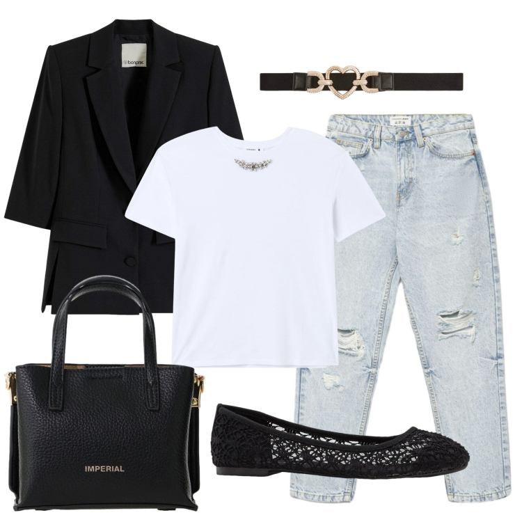 Outfit donna - Total look #2383722. Stile Urban per Ufficio. Abbinamento con blazer, ballerine, jeans mom, cinture, t-shirt, borse a tracolla.