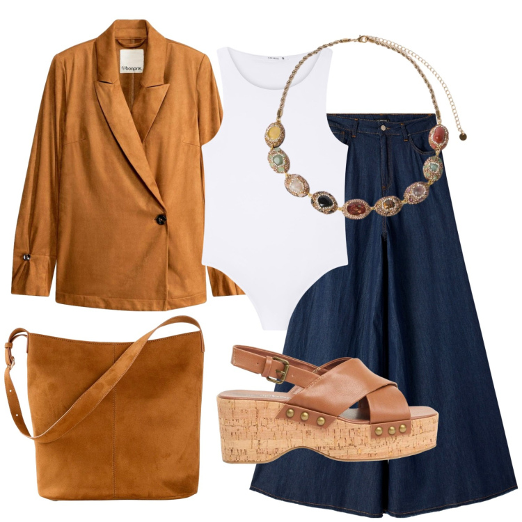 Outfit donna - Total look #2383723. Stile 70s per Tutti i giorni. Abbinamento con zeppe, borse a mano, blazer, jeans, top, collane.