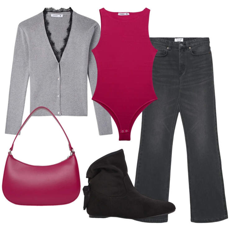 Outfit donna - Total look #2383724. Stile Casual per Tutti i giorni. Abbinamento con stivaletti, jeans bootcut, borse a tracolla, top, cardigans.