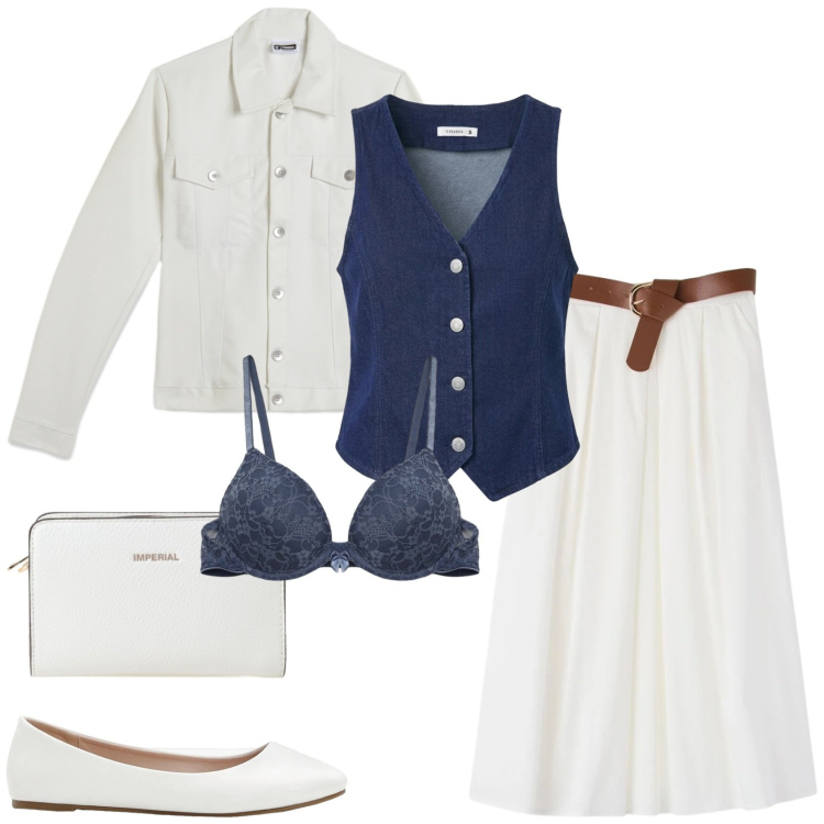 Outfit donna - Eleganza leggera. Stile Casual per Scuola/Università. Abbinamento con ballerine, gilet, gonne longuette, reggiseni push-up, borse a tracolla, giacche.
