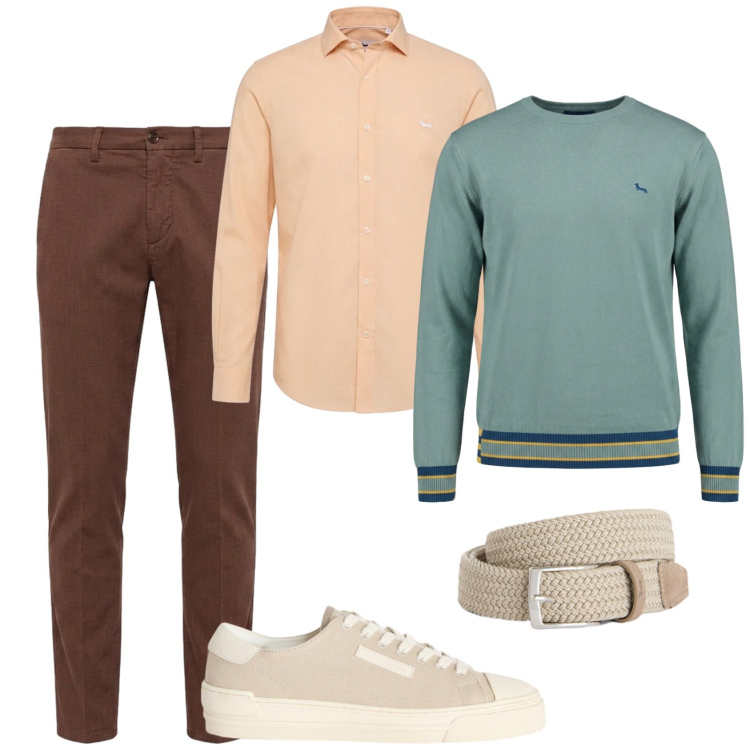 Outfit uomo - Sorbetto Preppy. Stile Casual per Tutti i giorni. Abbinamento con cinture, sneakers, camicie, pullovers, pantaloni chino.