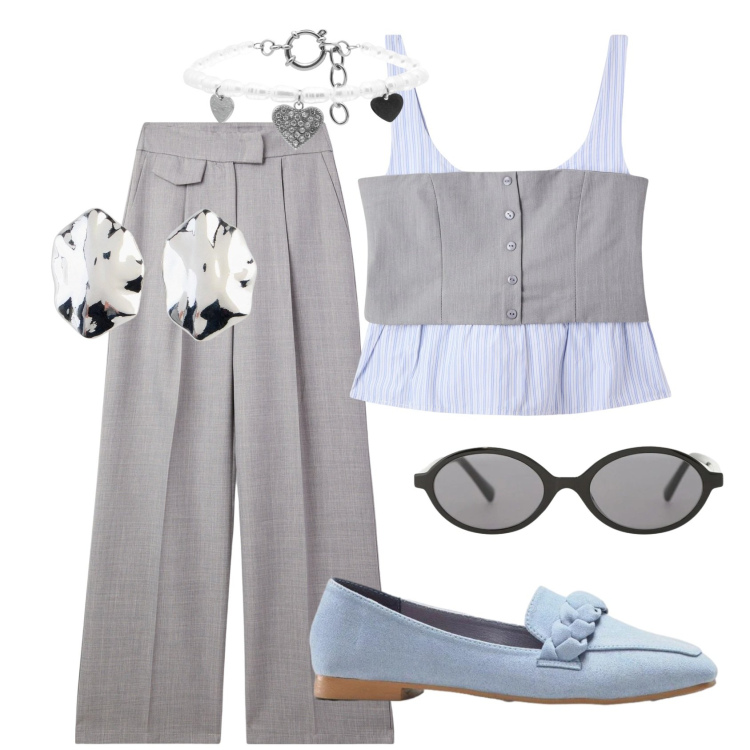 Outfit donna - Total look #2383727. Stile Mannish per Cerimonia. Abbinamento con orecchini, mocassini, pantaloni, top, occhiali da sole, braccialetti.
