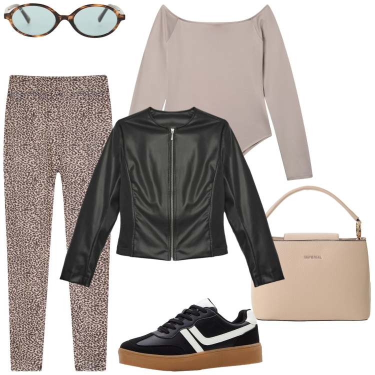Outfit donna - Total look #2383729. Stile Basic per Tutti i giorni. Abbinamento con leggings, sneakers, body, giacche, occhiali da sole, borse a secchiello.