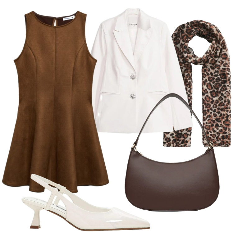 Outfit donna - Chocolat e animalier. Stile Bon Ton per Ufficio. Abbinamento con décolleté, blazer, vestiti corti, foulard, borse a tracolla.