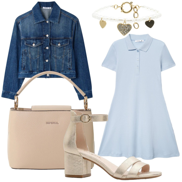 Outfit donna - Denim lovers. Stile Basic per Ufficio. Abbinamento con sandali col tacco, cappotti, vestiti, borse a secchiello, braccialetti.