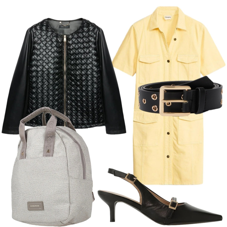 Outfit donna - L\'abito solare. Stile Minimal per Ufficio. Abbinamento con zaini, vestiti corti, cinture, blazer, sandali col tacco.