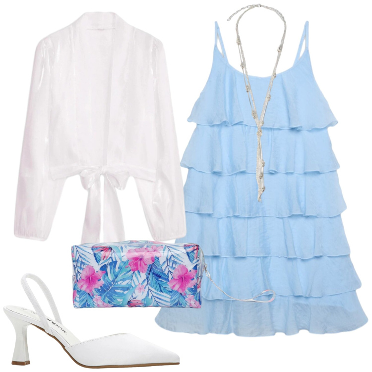 Outfit donna - Celeste Breeze Chic. Stile Romantica per Mare. Abbinamento con décolleté, bolero, vestiti corti, valigie, collane, braccialetti.