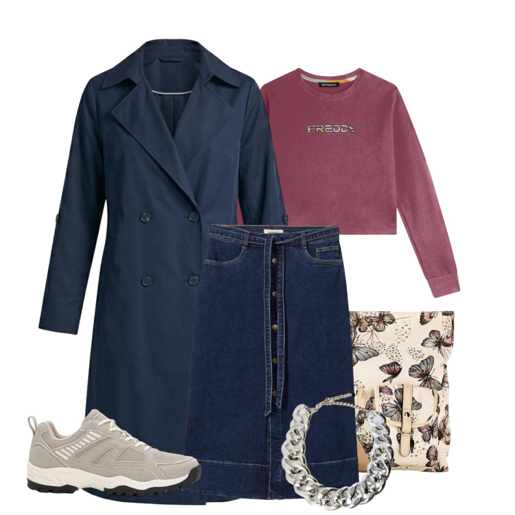 Outfit donna - Total look #2383764. Stile Sporty chic per Tutti i giorni. Abbinamento con gonne longuette, borse a tracolla, sneakers, trench, collane, felpe.