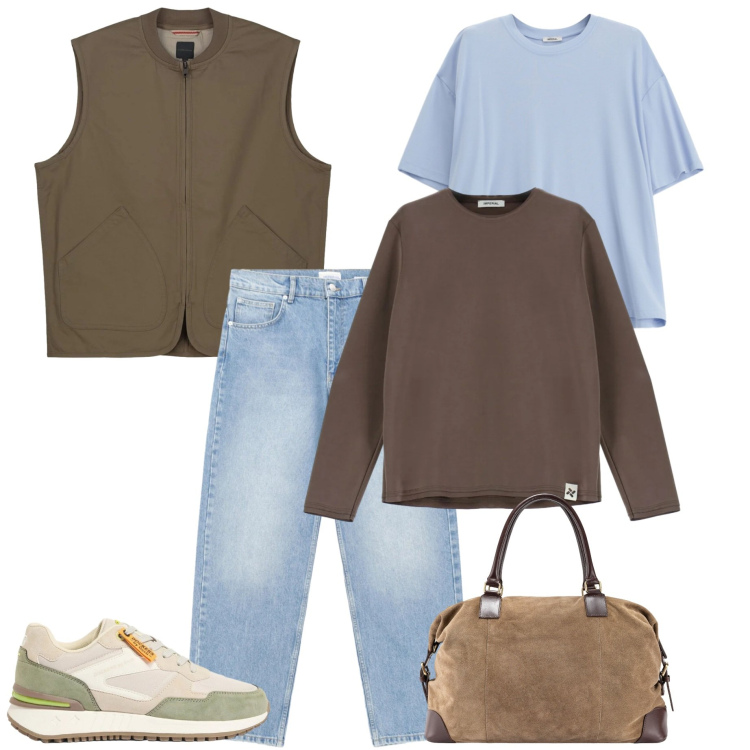 Outfit uomo - Weekend di primavera. Stile Casual per Tutti i giorni. Abbinamento con sneakers, t-shirt, felpe, jeans, borse sportive, gilet.