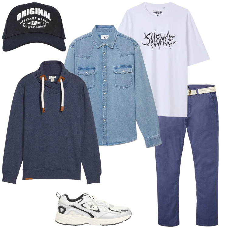 Outfit uomo - Layering leggero. Stile Casual per Tutti i giorni. Abbinamento con pantaloni chino, felpe, sneakers, cappelli con visiera, camicie, t-shirt.