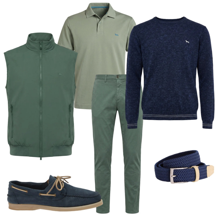 Outfit uomo - Layering leggero. Stile Urban per Ufficio. Abbinamento con cinture, pullovers, polo, gilet, scarpe stringate, pantaloni chino.