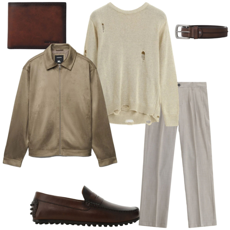 Outfit uomo - Toni naturali. Stile Urban per Serata speciale. Abbinamento con pantaloni, maglieria, scarpe stringate, cinture, portafogli, giacche.