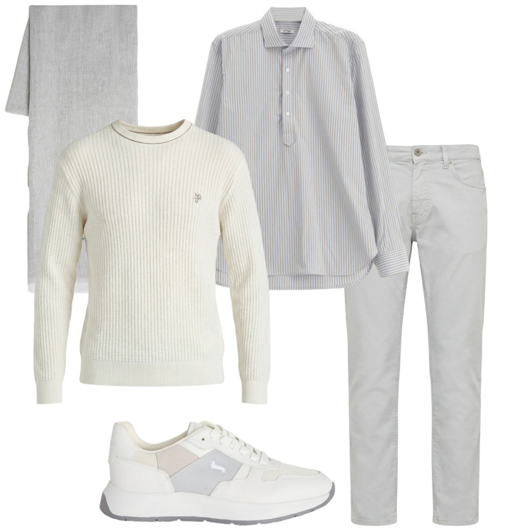 Outfit uomo - Toni naturali. Stile Casual per Ufficio. Abbinamento con camicie, sneakers, pantaloni, sciarpe, maglieria.