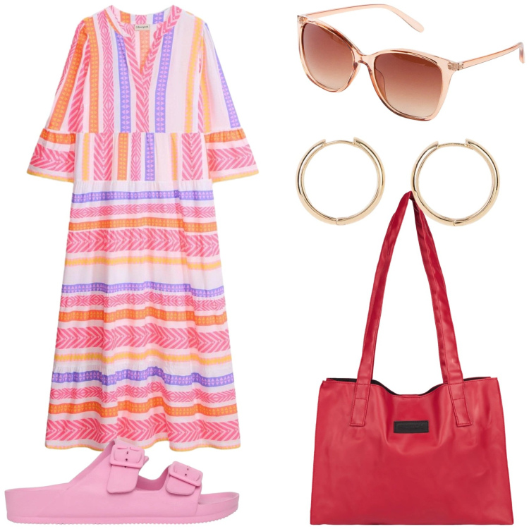 Outfit donna - Al mare. Stile Casual per Mare. Abbinamento con vestiti lunghi, occhiali da sole, orecchini, ciabatte, shopping bag.