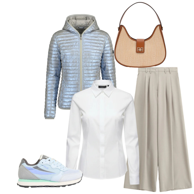 Outfit donna - Una gita fuori porta. Stile Casual chic per Tutti i giorni. Abbinamento con sneakers, pantaloni a palazzo, borse a spalla, camicie, piumini.