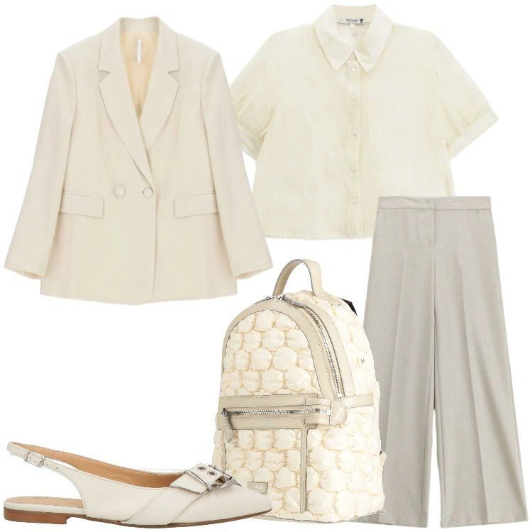 Outfit donna - Effortless, but on point. Stile Minimal per Ufficio. Abbinamento con ballerine, zaini, pantaloni a palazzo, camicie a manica corta, blazer.