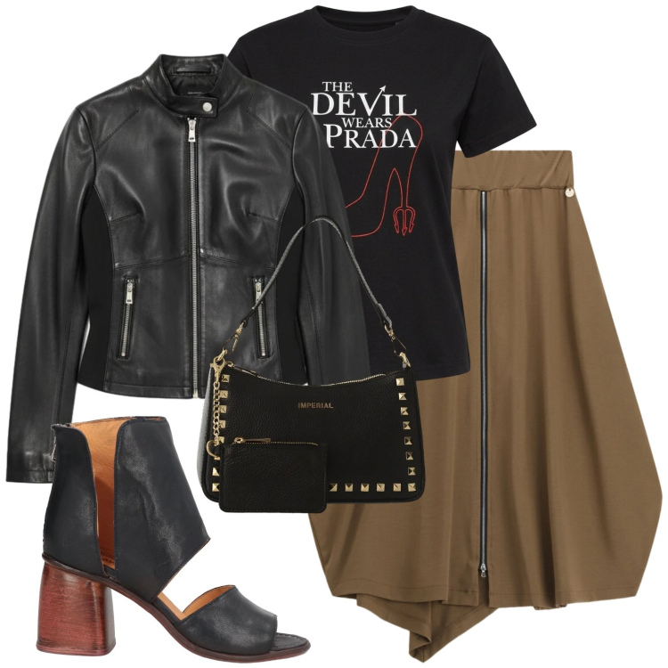 Outfit donna - Giornata ventosa. Stile Urban per Scuola/Università. Abbinamento con stivaletti, gonne longuette, borse a spalla, giacche, t-shirt.