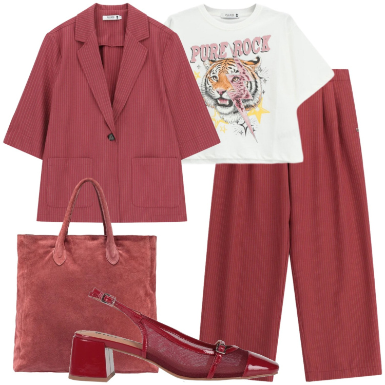 Outfit donna - Porpora primaverile. Stile Urban per Ufficio. Abbinamento con décolleté, pantaloni a palazzo, blazer, t-shirt, borse a mano.