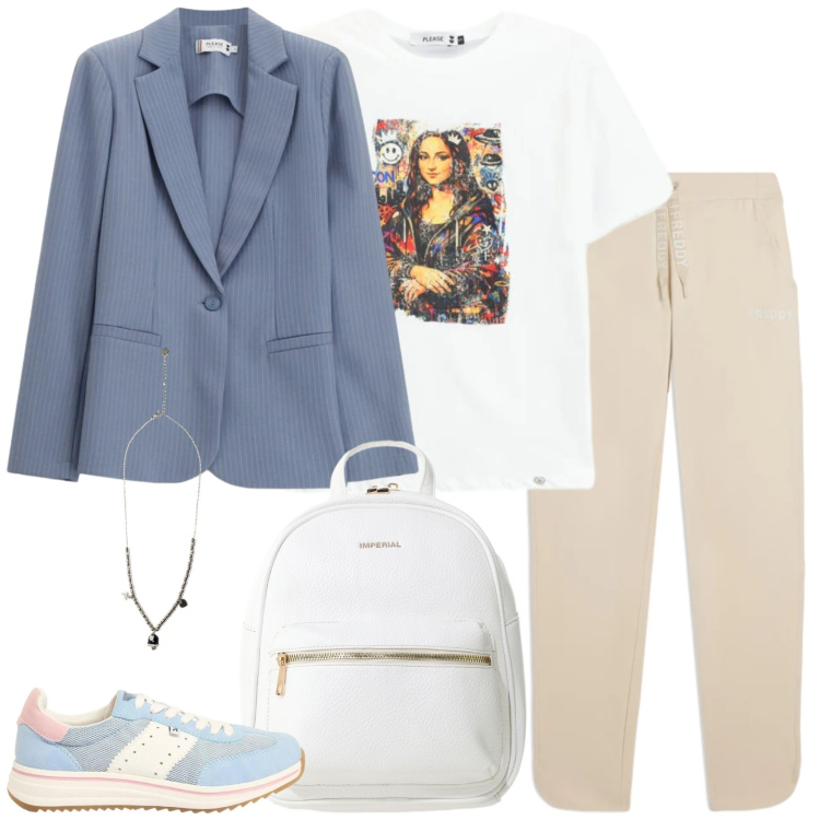 Outfit donna - Joggers e blazer. Stile Sporty chic per Tutti i giorni. Abbinamento con sneakers, zaini, blazer, t-shirt, pantaloni, ciondoli.