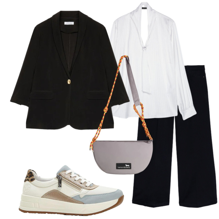 Outfit donna - City ad Aprile Curvy style. Stile Casual chic per Ufficio. Abbinamento con sneakers, jeans, blazer, bluse, borse a tracolla.