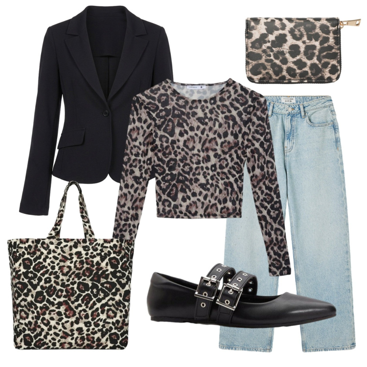 Outfit donna - Animalier in ufficio. Stile Trendy per Ufficio. Abbinamento con ballerine, portafogli, t-shirt, jeans, shopping bag, blazer.