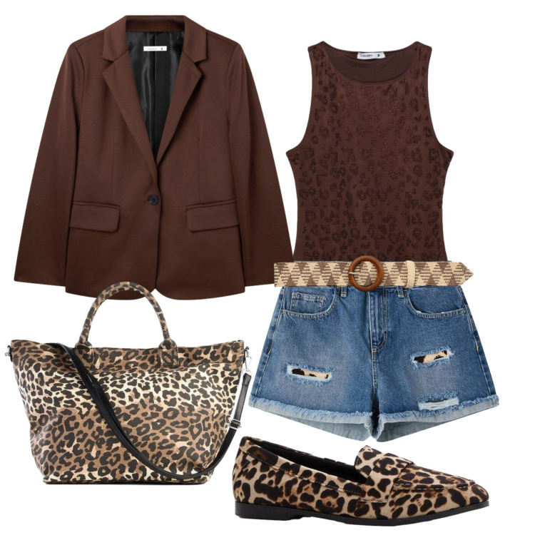 Outfit donna - Primavera in città. Stile Trendy per Tutti i giorni. Abbinamento con shopping bag, mocassini, top, shorts, cinture, blazer.