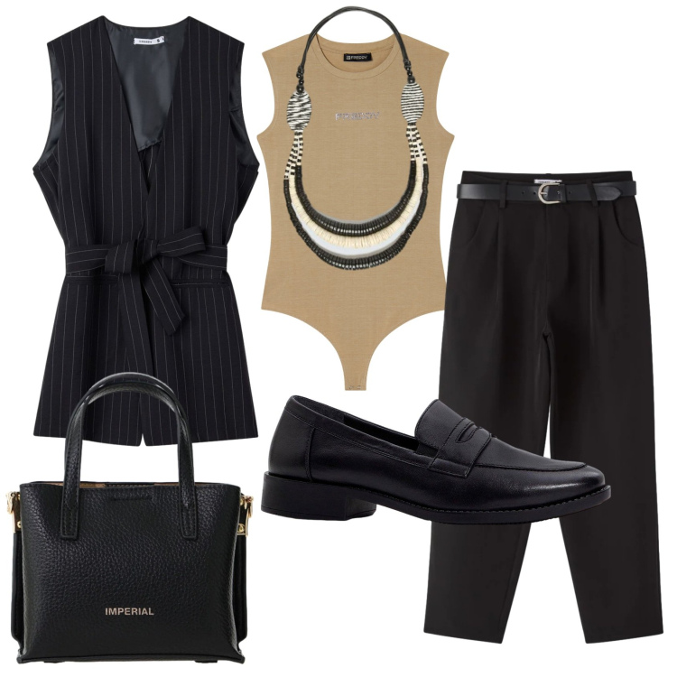 Outfit donna - Total look #2383861. Stile Mannish per Ufficio. Abbinamento con mocassini, pantaloni, gilet, collane, borse a tracolla, top.
