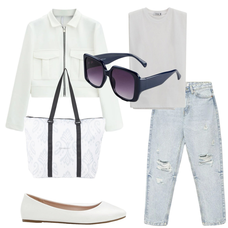 Outfit donna - Total look #2383862. Stile Casual per Tutti i giorni. Abbinamento con ballerine, occhiali da sole, jeans mom, top, cappotti, shopping bag.