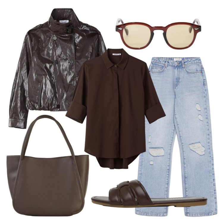 Outfit donna - Total look #2383864. Stile Urban per Tutti i giorni. Abbinamento con shopping bag, camicie, ciabatte, jeans strappati, giacche, occhiali da sole.