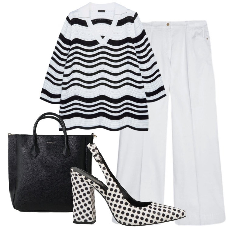 Outfit donna - Black and White curvy style. Stile Casual chic per Ufficio. Abbinamento con décolleté, borse a tracolla, pantaloni, maglieria.