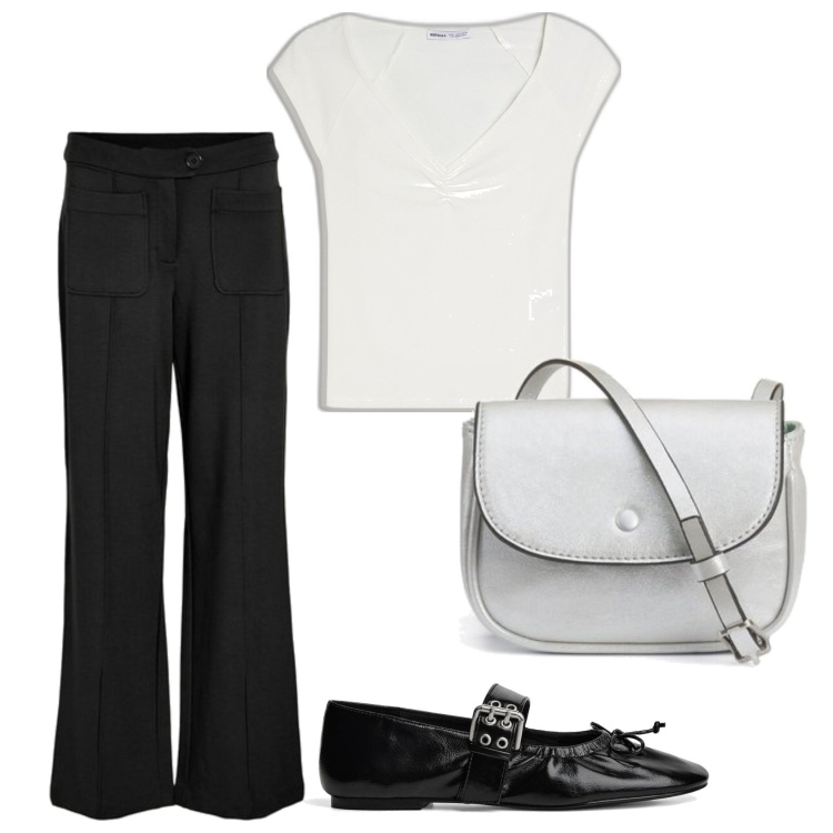 Outfit mujer - Basic look. Estilo Basic para Todos los días. Combinación con bailarinas, camiseta, bolsos de mano, pantalones.