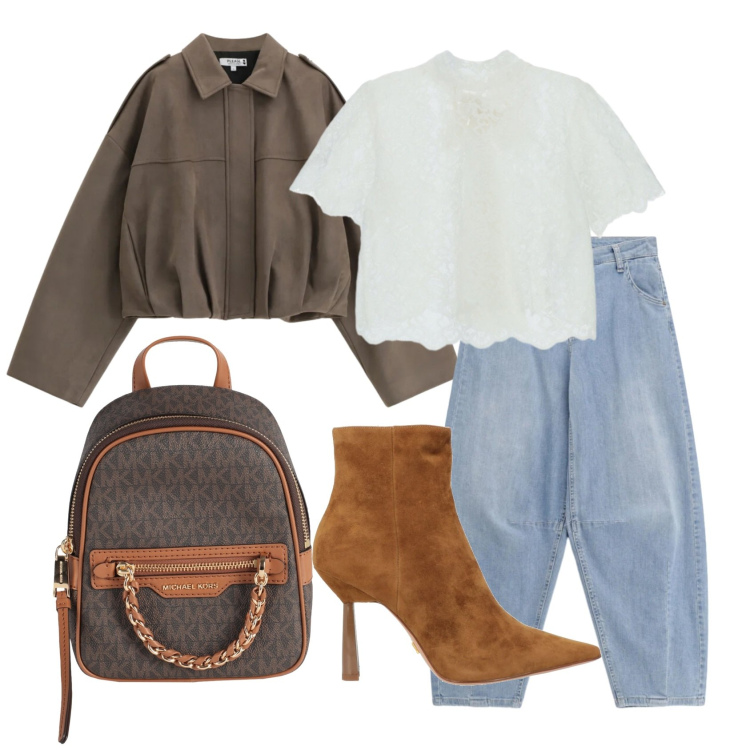 Outfit donna - Total look #2383868. Stile Trendy per Serata fuori. Abbinamento con zaini, stivaletti, bomber, jeans, top.