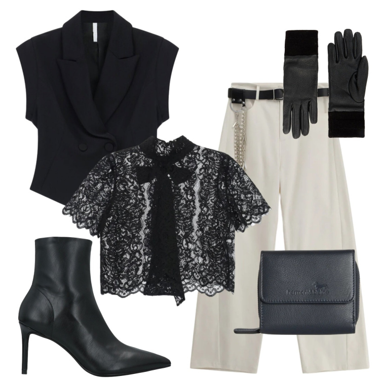 Outfit donna - Total look #2383872. Stile Chic per Ufficio. Abbinamento con guanti, stivaletti, gilet, top, pantaloni a palazzo, portafogli.