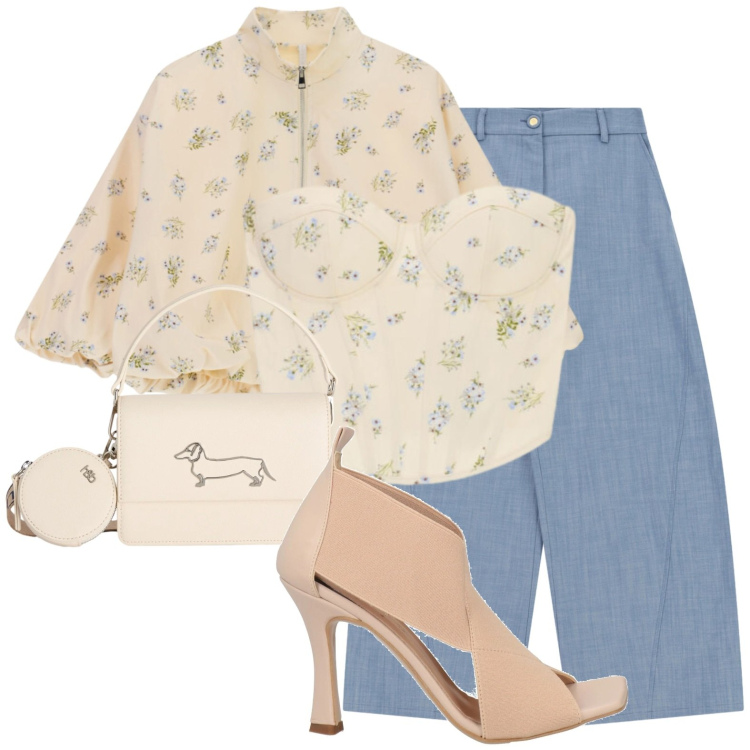 Outfit donna - Top a cuore primaverile. Stile Glamour per Serata fuori. Abbinamento con sandali in pelle, bomber, top, jeans, borse a tracolla.