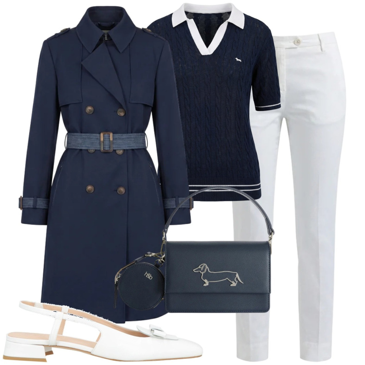 Outfit donna - Pranzo al club con amiche. Stile Bon Ton per Tutti i giorni. Abbinamento con ballerine, polo, trench, borse a tracolla, pantaloni.