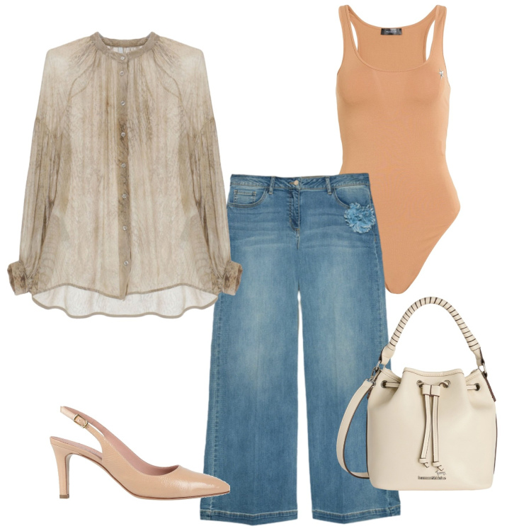 Outfit donna - Effortless, but on point. Stile Casual chic per Tutti i giorni. Abbinamento con décolleté, body, camicie, jeans, borse a secchiello.