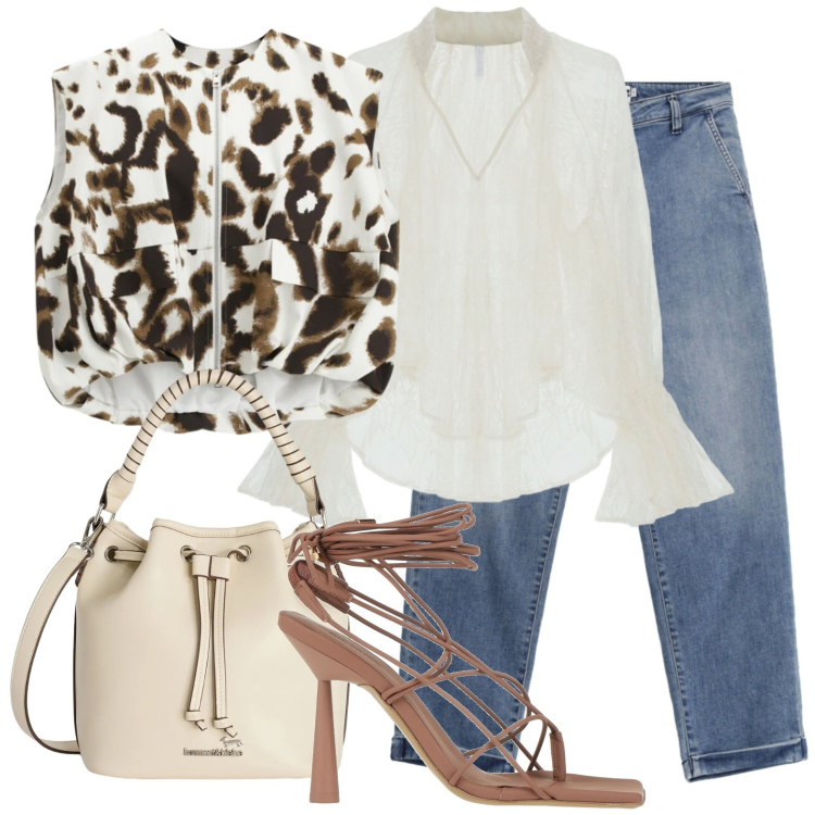 Outfit donna - Gilet maculato. Stile Glamour per Serata fuori. Abbinamento con ciabatte, gilet, bluse, jeans, borse a secchiello.