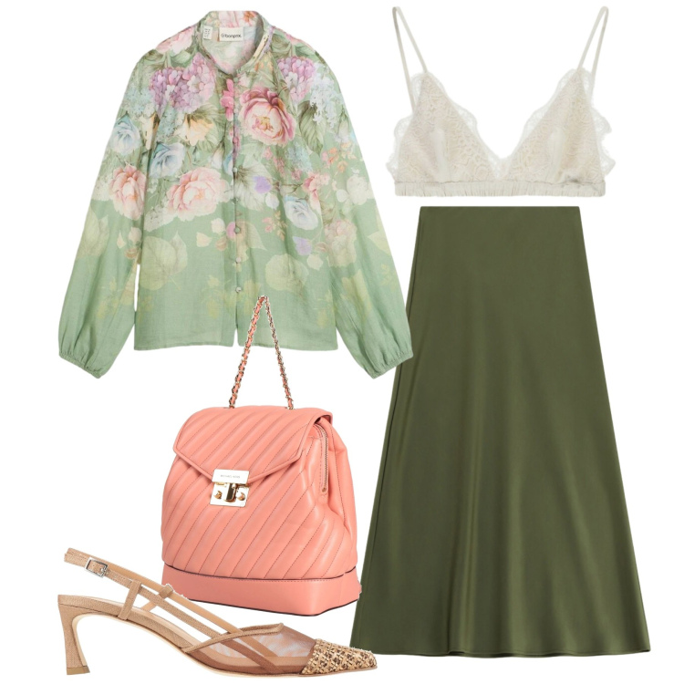 Outfit donna - Effortless, but on point. Stile Romantica per Tutti i giorni. Abbinamento con décolleté, zaini, bluse, gonne lunghe, reggiseni.