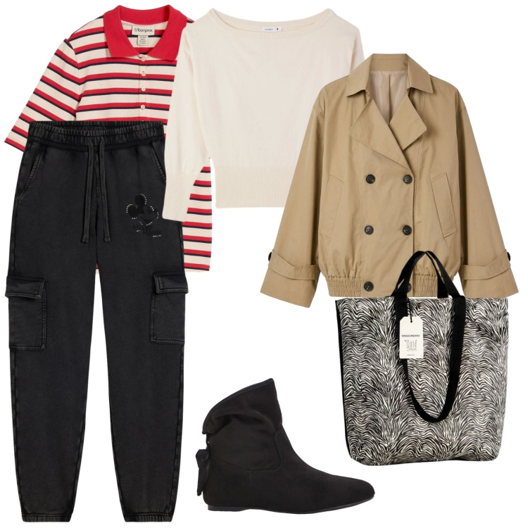 Outfit donna - Weekend fuori città. per Tutti i giorni. Abbinamento con stivaletti, polo, trench, pullovers, borse tote, pantaloni cargo.