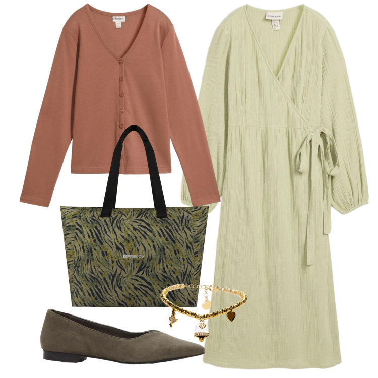 Outfit donna - Effortless, but on point. Stile Bon Ton per Tutti i giorni. Abbinamento con vestiti, ballerine, cardigans, shopping bag, braccialetti.