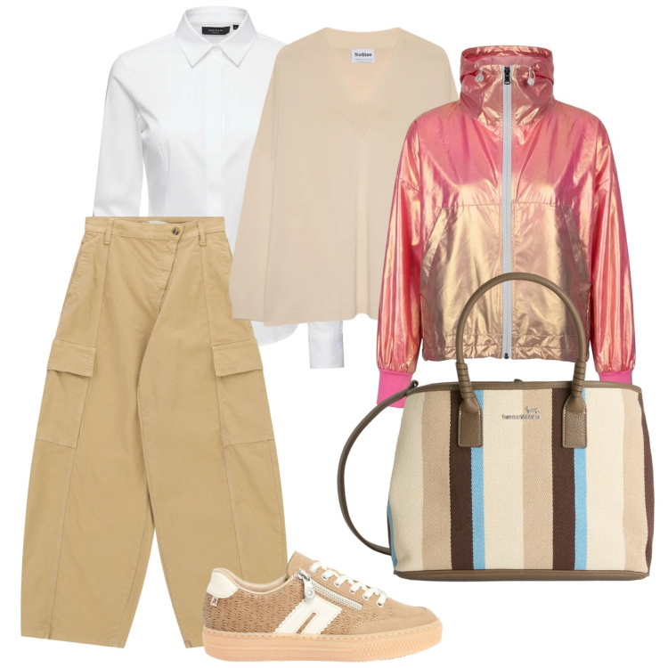 Outfit donna - Weekend fuori città. per Tutti i giorni. Abbinamento con sneakers, camicie, pullovers, pantaloni cargo, shopping bag, bomber.