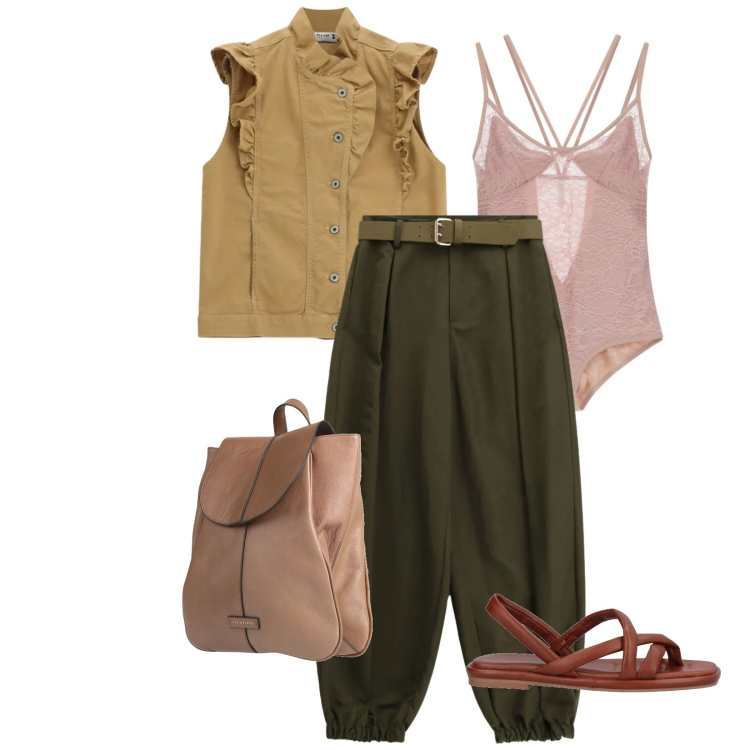 Outfit donna - Total look #2383890. Stile Casual chic per Scuola/Università. Abbinamento con ciabatte, zaini, gilet, pantaloni, body.